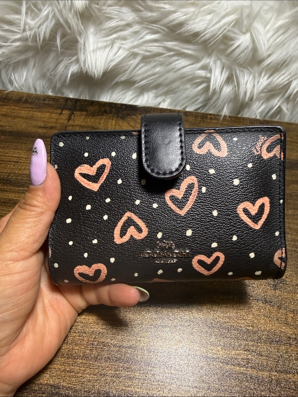 COACH Black Wallet with Pink Heart Print and Cream Dots